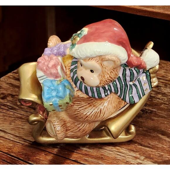 Fitz and Floyd Classics Teddy Bear in Sleigh Trinket Box in Original Box EUC - Picture 8 of 11